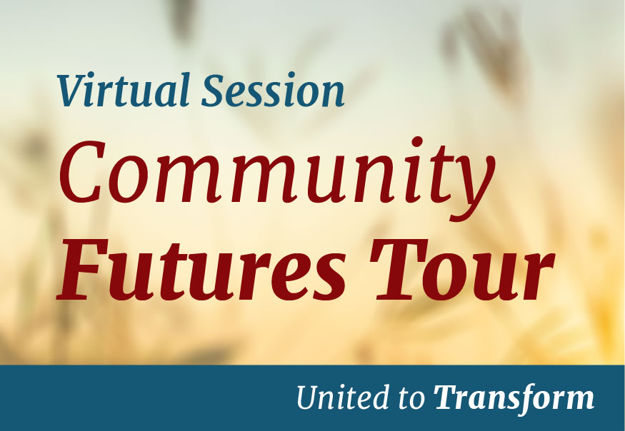 Title 'Virtual Session by Community Futures Tour' written over a blurry image of field, using serif fonts in red hue.